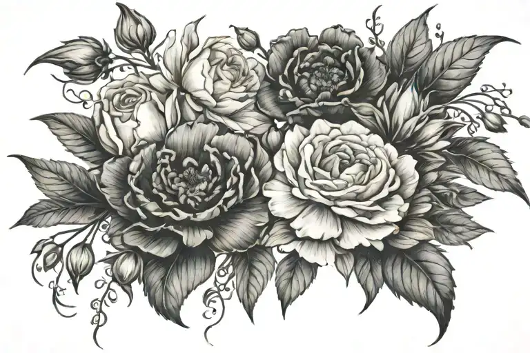 vine of flowers; carnation, rose, honeysuckle, poppy,larkspur,and waterlily  tattoo design idea