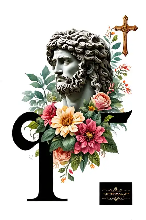 Id like the roman coliseum with Roman letter and flowers with gods face with a nice  garden background with crosses and  tattoo design idea