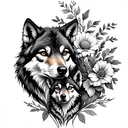 mother wolf with her cub and flowers tattoo design idea