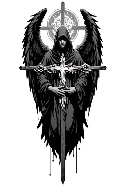 dark hooded figure with dark angel wings looking downward, with a religious cross in the background tattoo design idea