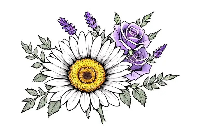 yellow gerber daisy and lavender roses tattoo design idea