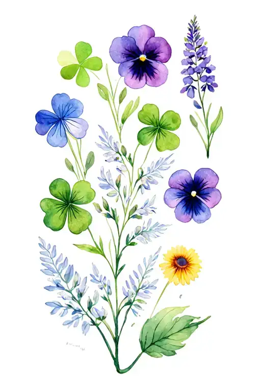 bracken, shamrock, snowdrop, pansy, daisy, tiger lily, larkspur tattoo design idea