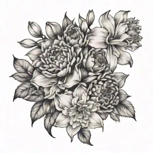 daffodils, jonquils, chrysanthemum and peony in a bouquet for a small tattoo  tattoo design idea