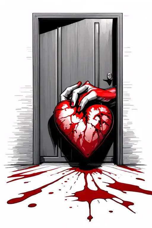 hand on door bloody heart on floor tattoo design idea