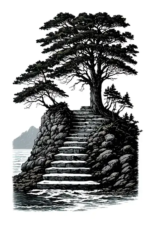 Bookshelf steps leading into forest against ocean cliffs tattoo design idea