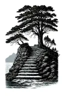 Bookshelf steps leading into forest against ocean cliffs tattoo design idea
