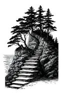 Bookshelf steps leading into forest against ocean cliffs tattoo design idea