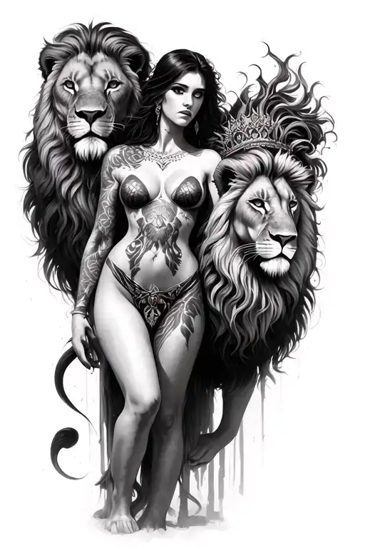 Full body sexy goddess Cybele with realistic lions tattoo design idea