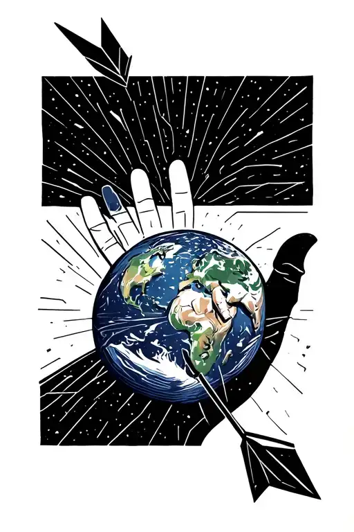 minimalist geometric God's hand with and arrow to a mam floating towards the planet earth with syraight lines tattoo design idea