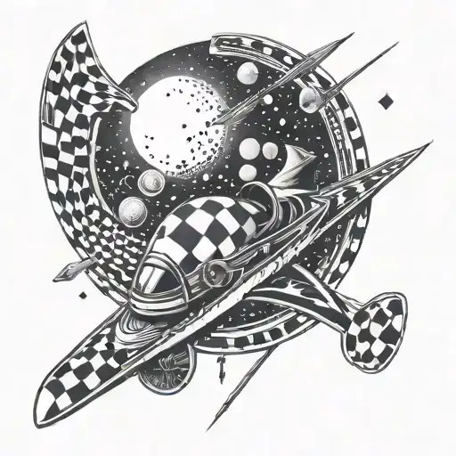 Incorporate a racing checkered pattern into a cosmic galaxy scene tattoo design idea