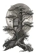 poison tree with a gate in front and the moon in the back with dark clouds tattoo design idea