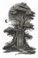 poison tree with a gate in front and the moon in the back with dark clouds tattoo design idea