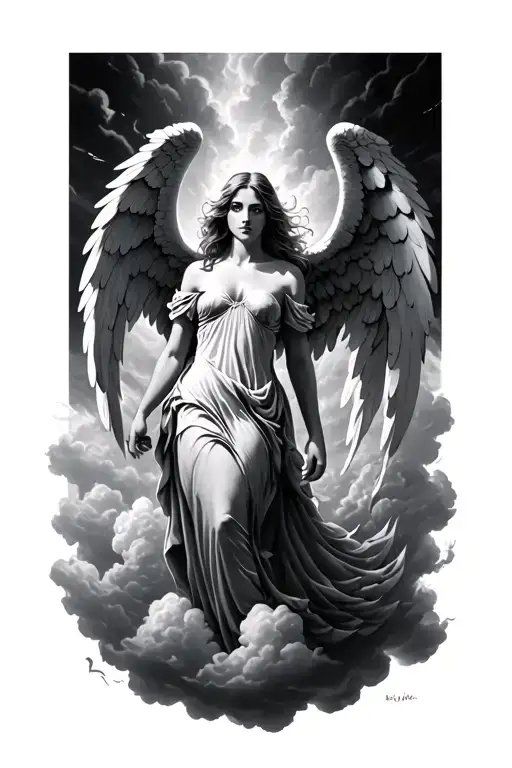 female angel standing on cloud storm tattoo design idea