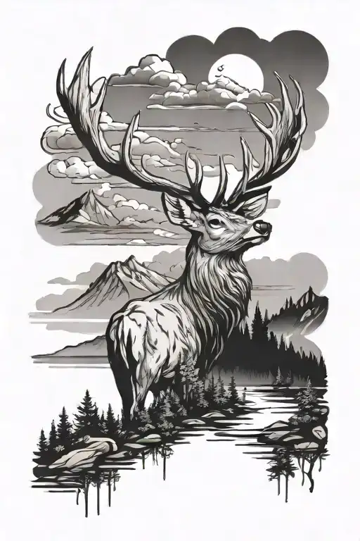 mountains lake clouds trees deer head tattoo design idea