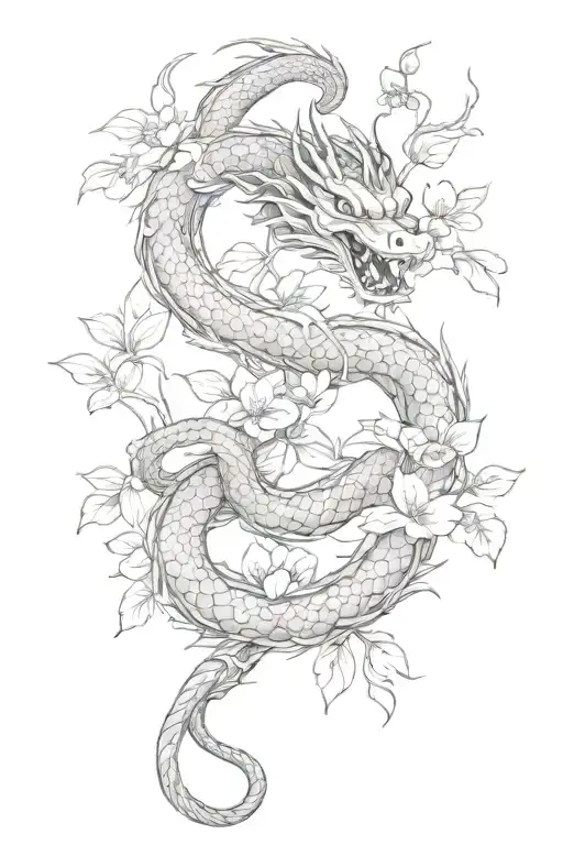 Asian dragon and snake intertwined with vines, cherry blossom tree and flowers tattoo design idea