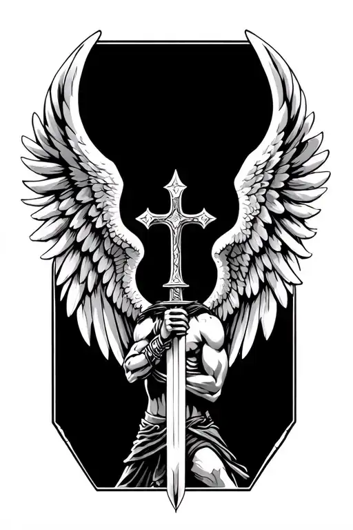 angel wing on the outside, spartan warrior on the inside holding a sword, christian cross  tattoo design idea