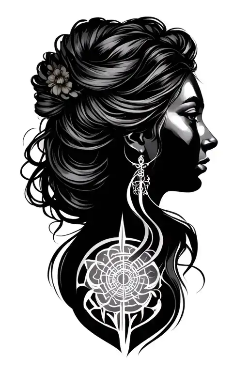 zodiac cancer and lady head profile holding tattoo design idea