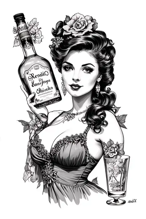 saloon girl with whisky bottle tattoo design idea