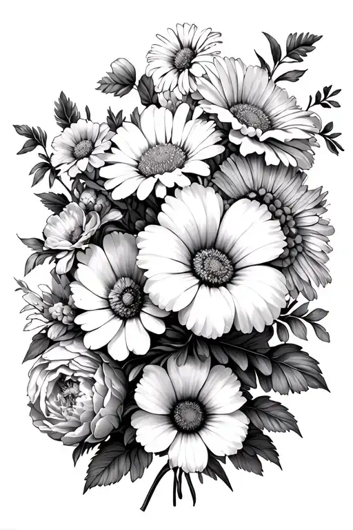 A bouquet of flowers using the daisies, morning glories, carnations and peonies in it in black and white  tattoo design idea