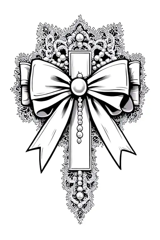 lace bow with pearls over a crusufix style cross with cyber cigilism  tattoo design idea