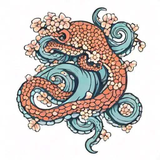blue octopus wrapped loosely around a cherry blossom  tattoo design idea