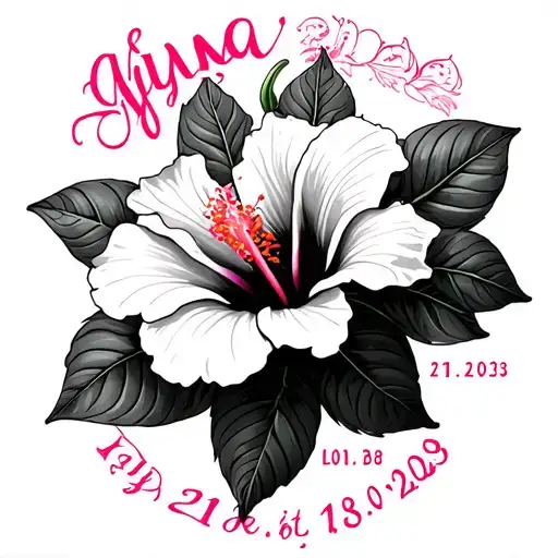 Hibiscus in black and white with the first name "aiyanna" in pink cursive, the date 21.08.2023, the astro lion sign tattoo design idea