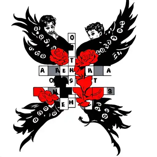 family tattoo in a crossword shape (07/05/1980, 12/05/1980, 09/12/2004, 03/01/2007, 04/25/2015), one of them red tattoo design idea