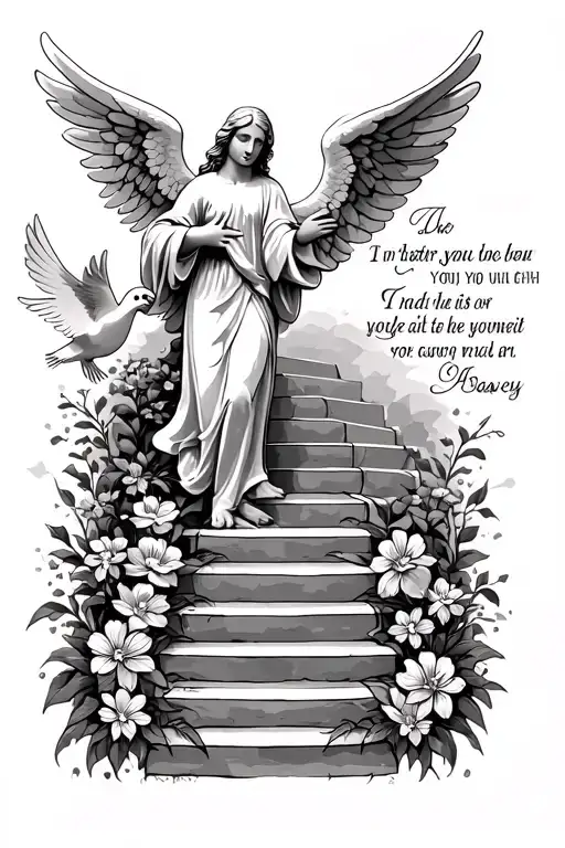 guardian angel stair way to heaven with a dove, flowers and a bible verse tattoo design idea