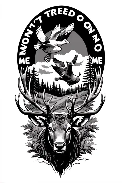 bull elk and mule deer with ducks flying and "don't tread on me" tattoo design idea