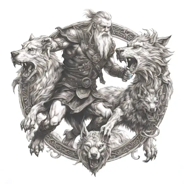 Odin fighting fenrir skol and hati tattoo design idea