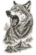 growling wolf face and rocky mountains inside tattoo design idea