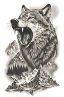 growling wolf face and rocky mountains inside tattoo design idea