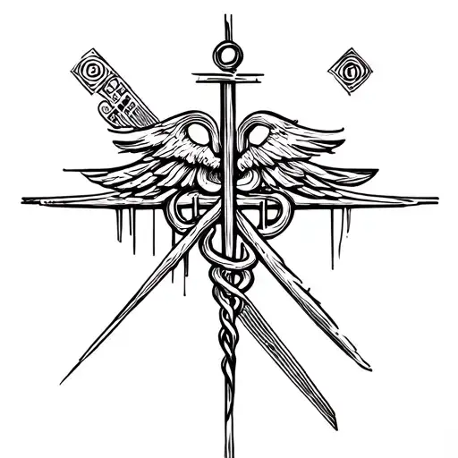 Asclepios' stick, a medical symbol, merged with a Christian cross to unite science and faith in your commitment tattoo design idea
