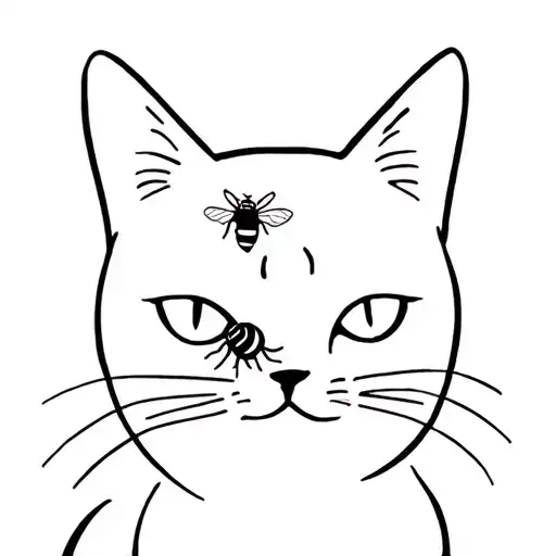 line art of a cat silhouette with a bee on the nose tattoo design idea