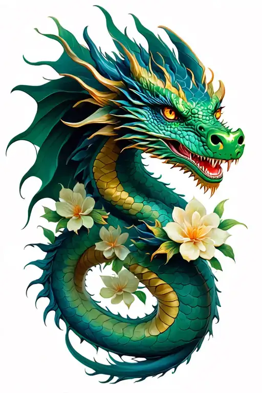 dragon with green flowers blooming tattoo design idea