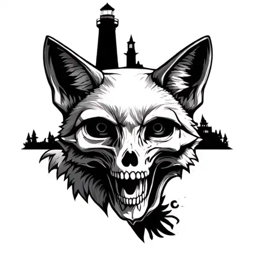 Texas, fox, skeleton army, castle, lighthouse  tattoo design idea