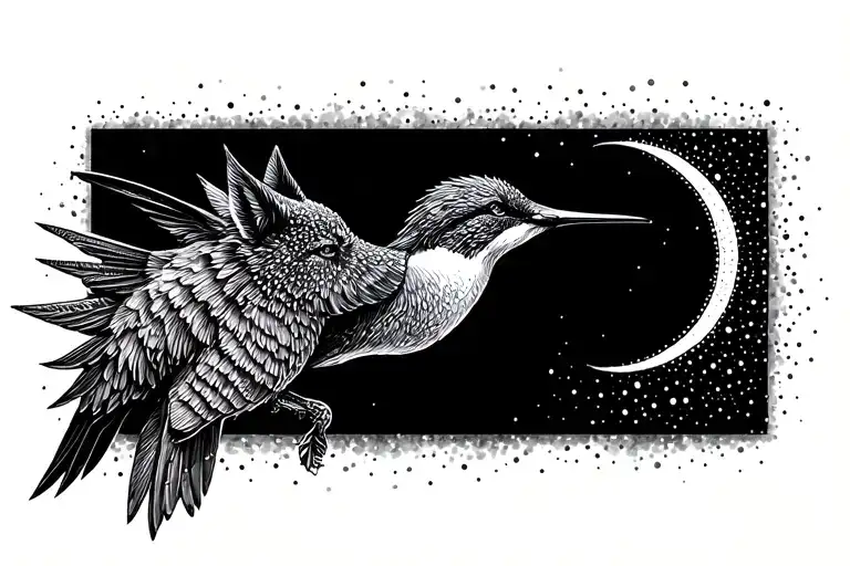 humming bird, wolf, crescent moon tattoo design idea