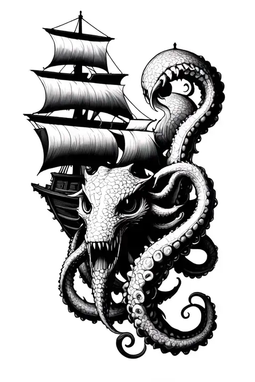 ivory textured kraken grabbing a ship  tattoo design idea