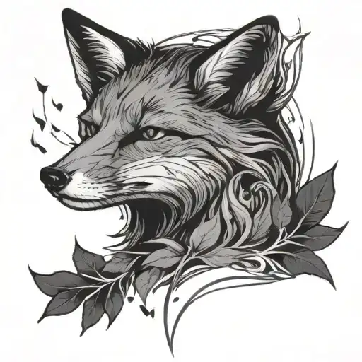 A shadowy fox with black leaves around it luminous points tattoo design idea