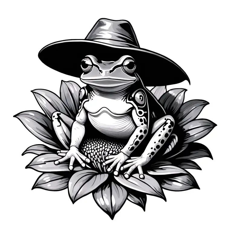 taino Coqui Frog with hat sitting on flor de maga flower blooming tattoo design idea