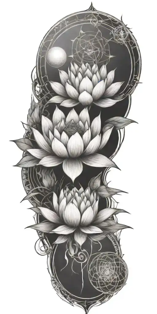 central lotus flower, celestial elements like stars and planets, sacred geometry, and serene landscapes such as mountain tattoo design idea