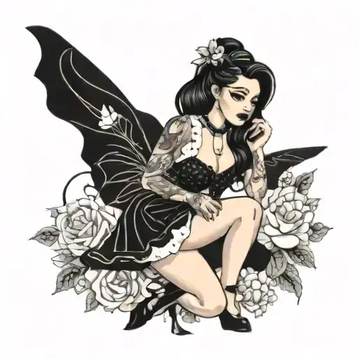 goth pin up girl in skirt and crop top tattoo design idea