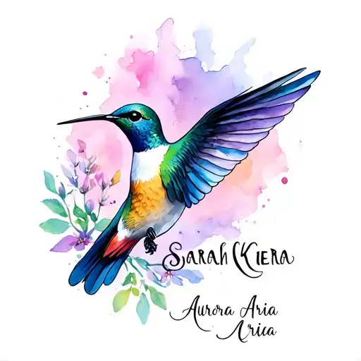 "Sarah Kiera Aurora Aria" humming bird flying tattoo design idea