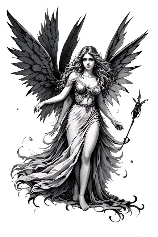angel fairy  guiding  a gothic fairy  from hell to heaven  tattoo design idea