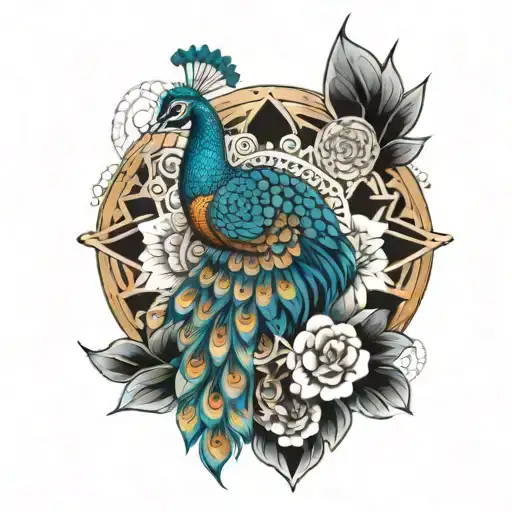 peacock with mandala and geo patern tattoo design idea