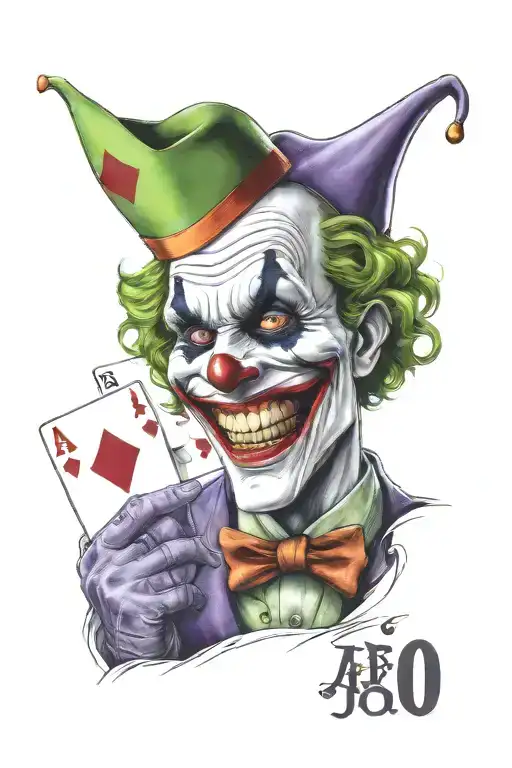 realistic joker holding ace card laughing tattoo design idea