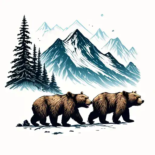 family of bears walking in front of a mountain tattoo design idea