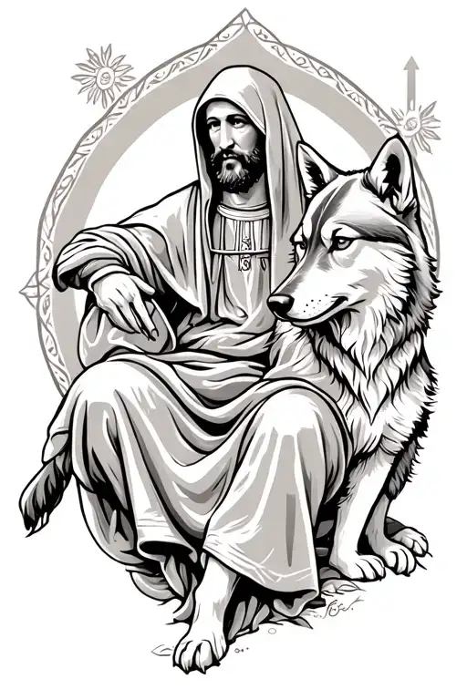 St Francis of Assisi with hood up sitting with a wolf tattoo design idea