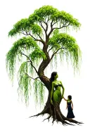 make a weeping willow tree with long leaves with a mother and daughter body outline as the trunk tattoo design idea