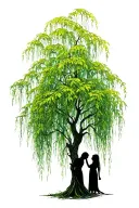 make a weeping willow tree with long leaves with a mother and daughter body outline as the trunk tattoo design idea